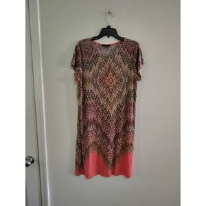 Tiana B Womens Plus Size 18 Shift Dress Coral Geometric Ikat Print Short Sleeve